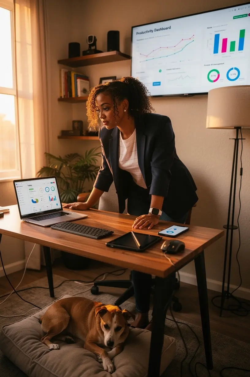 Illustration of a daily planner app on a tablet showing integrated productivity tools for efficient time management.